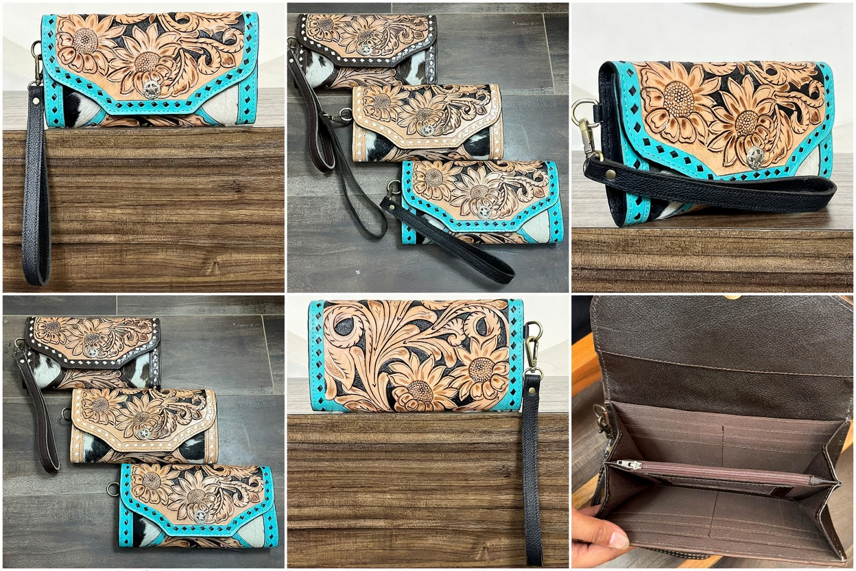 Women western tooled leather wristlet clutch