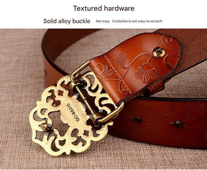women’s genuine leather carved floral belt