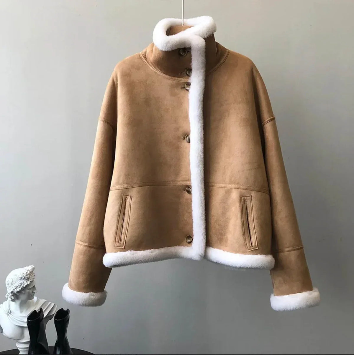 Women’s Camel Shearling Bomber Jacket With White Trim