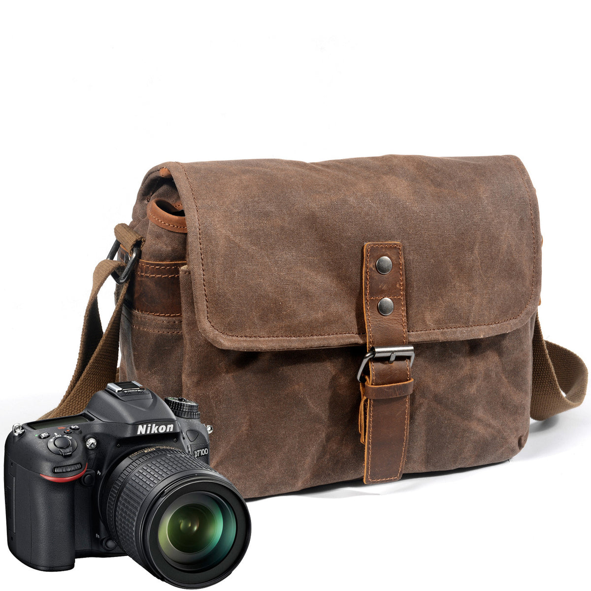 Canvas Camera Bag with Top-Grain Cowhide and Interior Dividers
