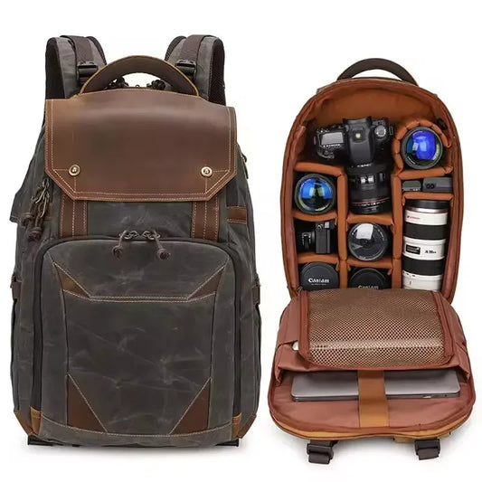 Waxed Canvas Camera Backpack with Leather