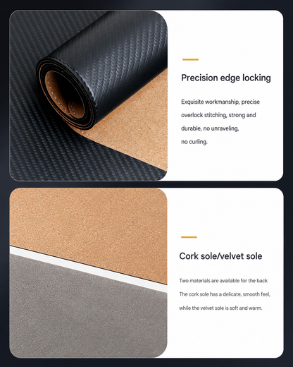 Carbon fiber gaming desk pad combines textured styling with generous mouse space for computer gaming and everyday productivity.