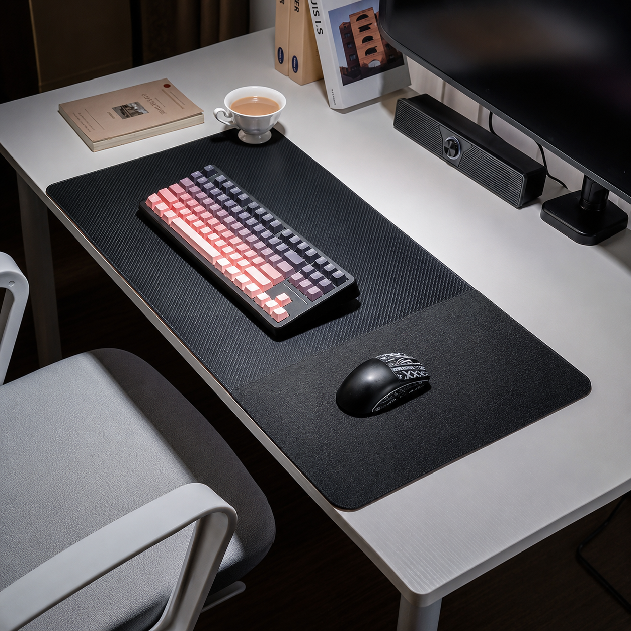 Carbon fiber mouse pad provides extended keyboard and mouse space for gaming, computer work and modern desktop setups.