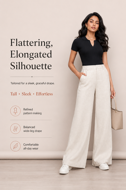 Casual linen pants with full length, clean front, and easy drape