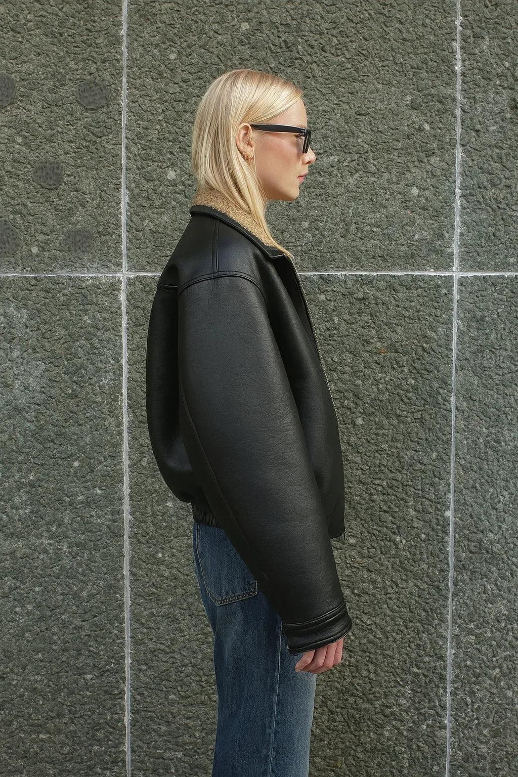 Women Oversized Moto Leather Zip Jacket Shearling