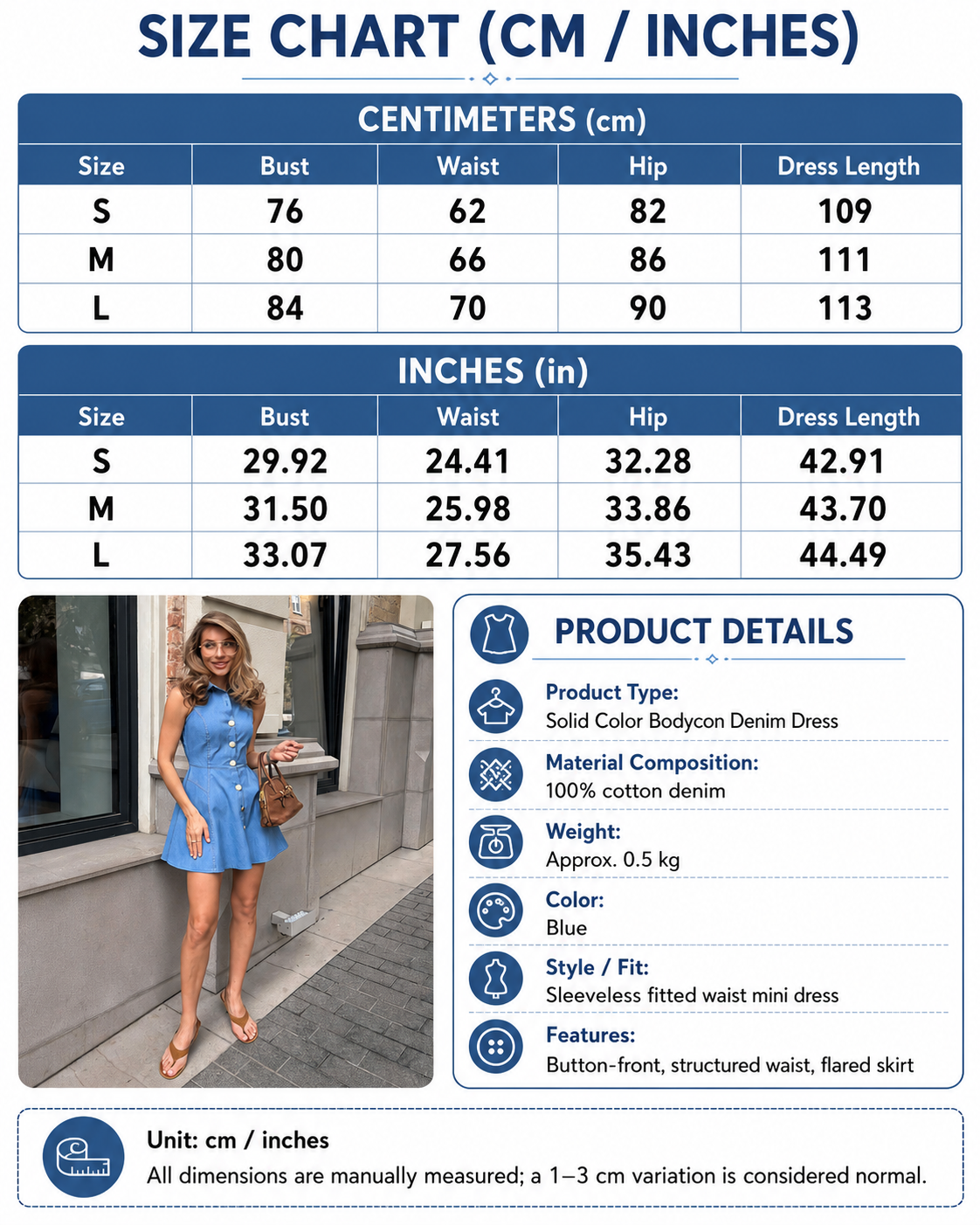 Blue denim mini dress with collar and button-front flared skirt