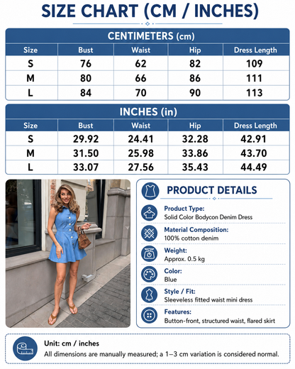 Blue denim mini dress with collar and button-front flared skirt
