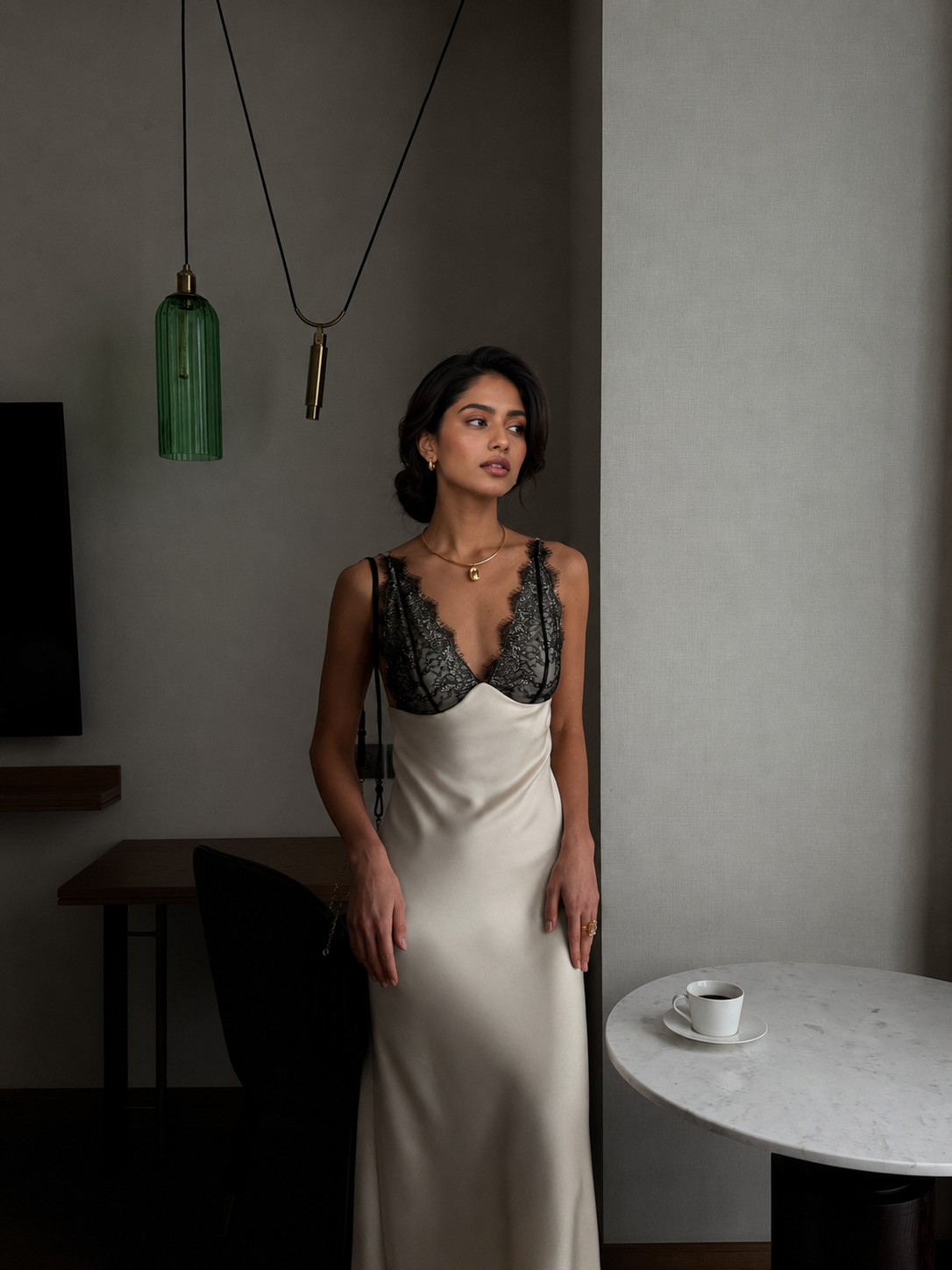 Ivory lace patchwork satin slip midi dress with deep V neck