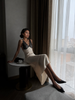 Ivory lace patchwork satin slip midi dress with deep V neck
