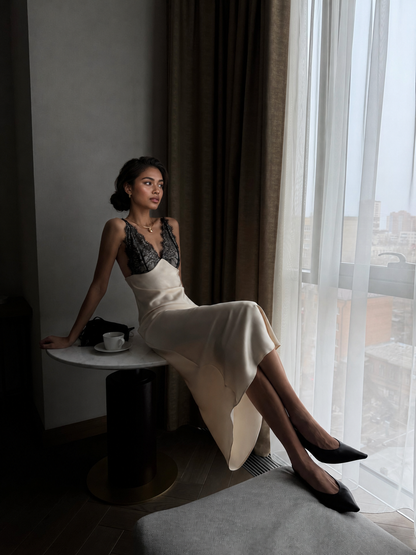 Ivory lace patchwork satin slip midi dress with deep V neck