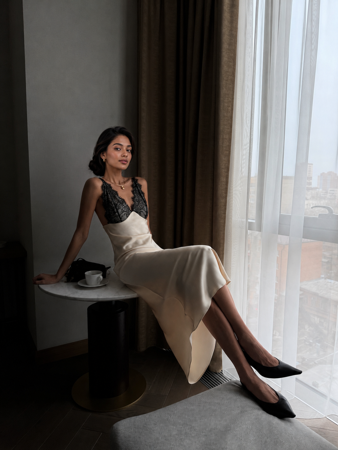 Ivory lace patchwork satin slip midi dress with deep V neck