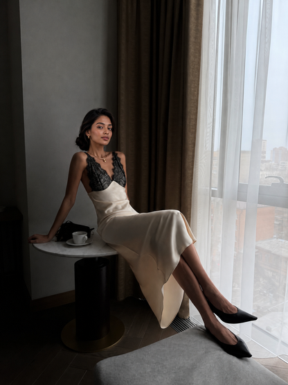 Ivory lace patchwork satin slip midi dress with deep V neck