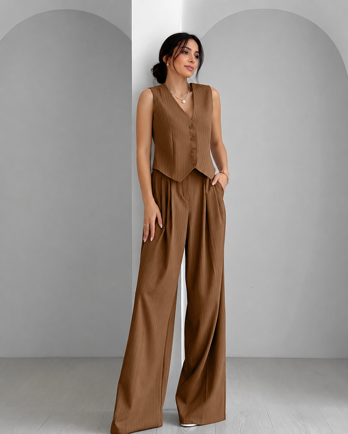 Women’s Pinstripe Two-Piece Vest and Wide-Leg Trouser Set