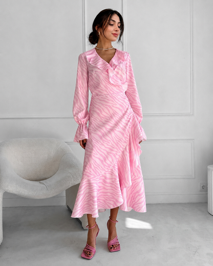 Pink Ruffle Maxi Dress with Wrap Front