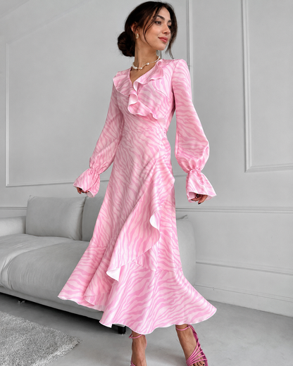 Pink Ruffle Maxi Dress with Wrap Front
