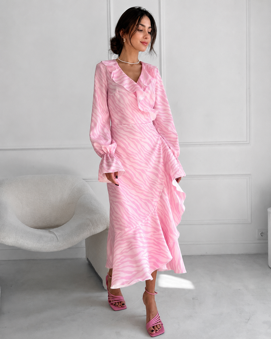 Pink Ruffle Maxi Dress with Wrap Front