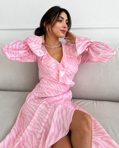 Pink Ruffle Maxi Dress with Wrap Front