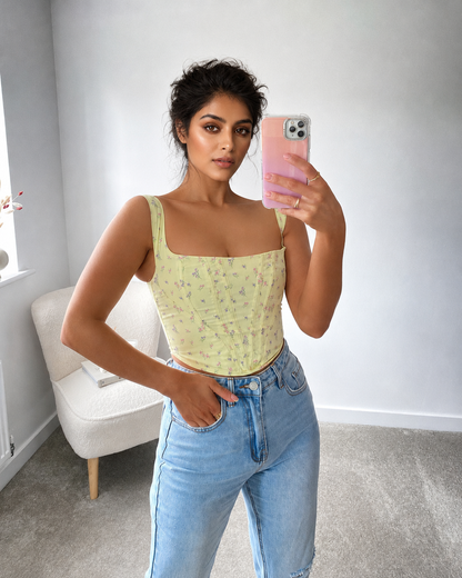 Green floral corset top with square neckline
