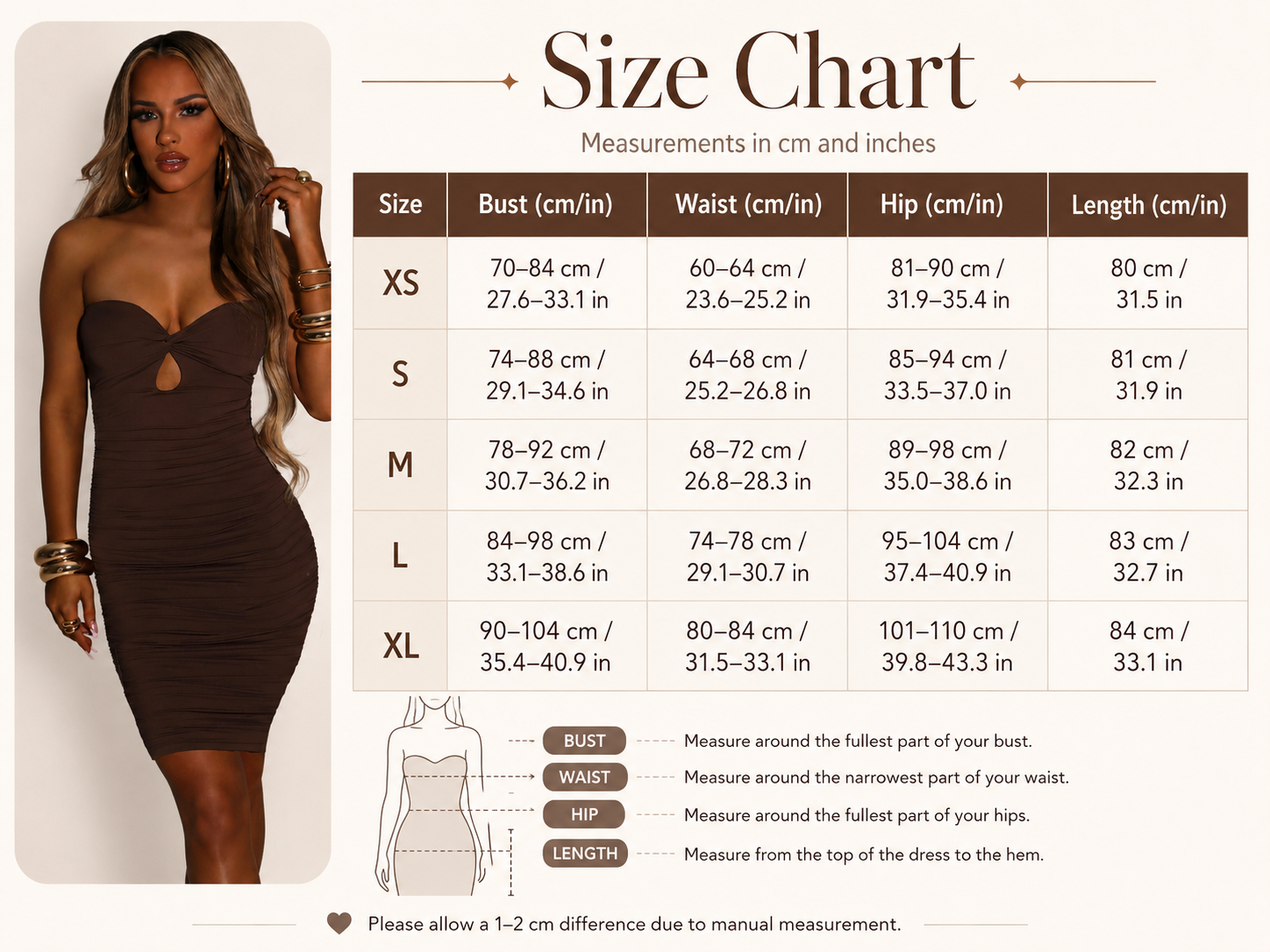 Brown ruched tube dress with twist bust detail