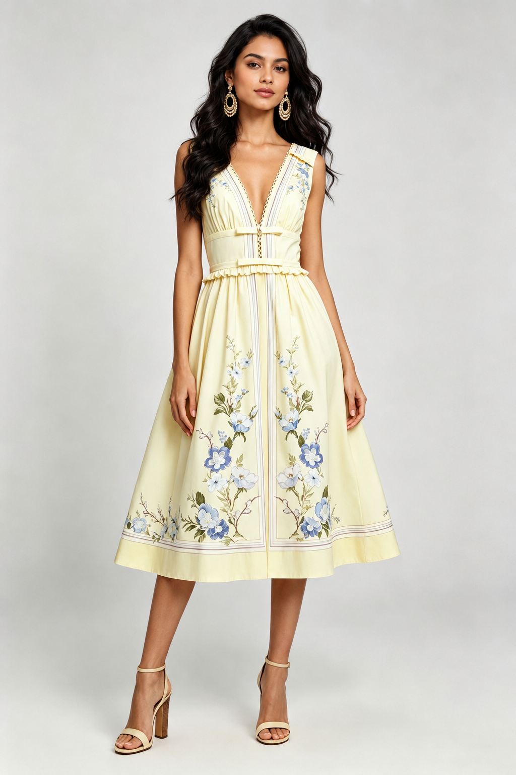 Yellow floral midi dress with waist bands
