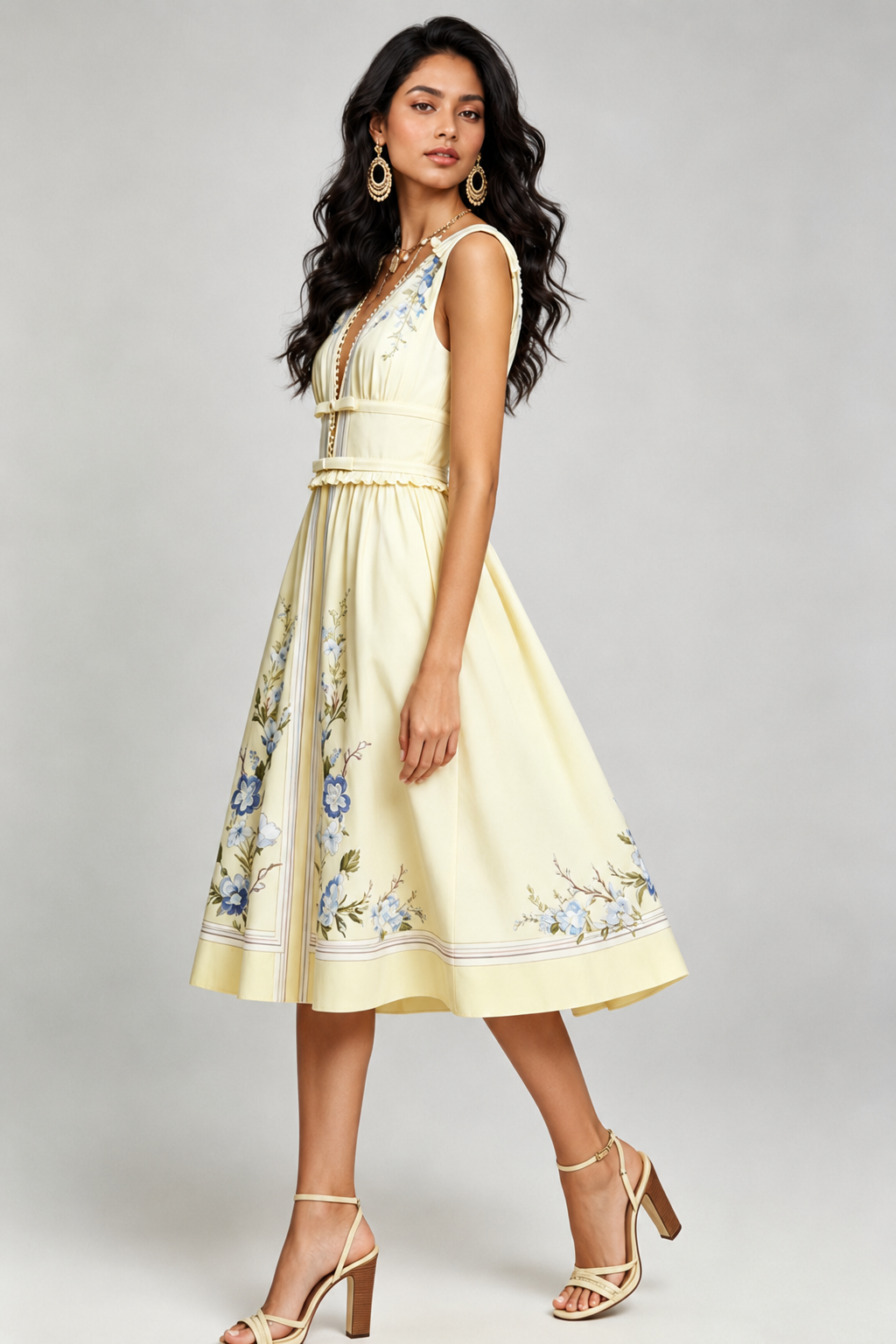 Yellow floral midi dress with waist bands