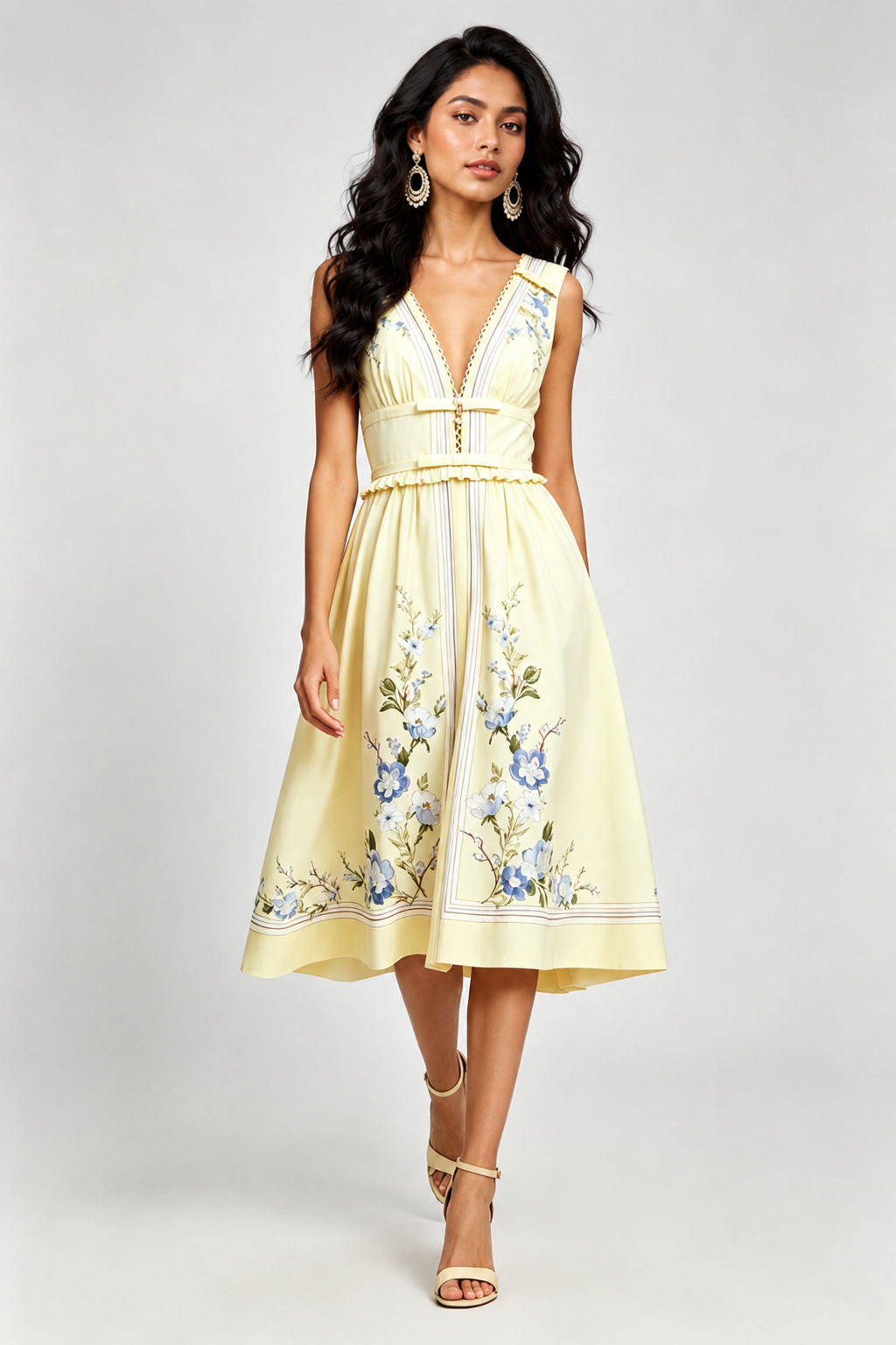 Yellow floral midi dress with waist bands