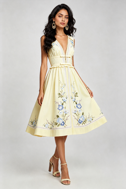 Yellow floral midi dress with waist bands