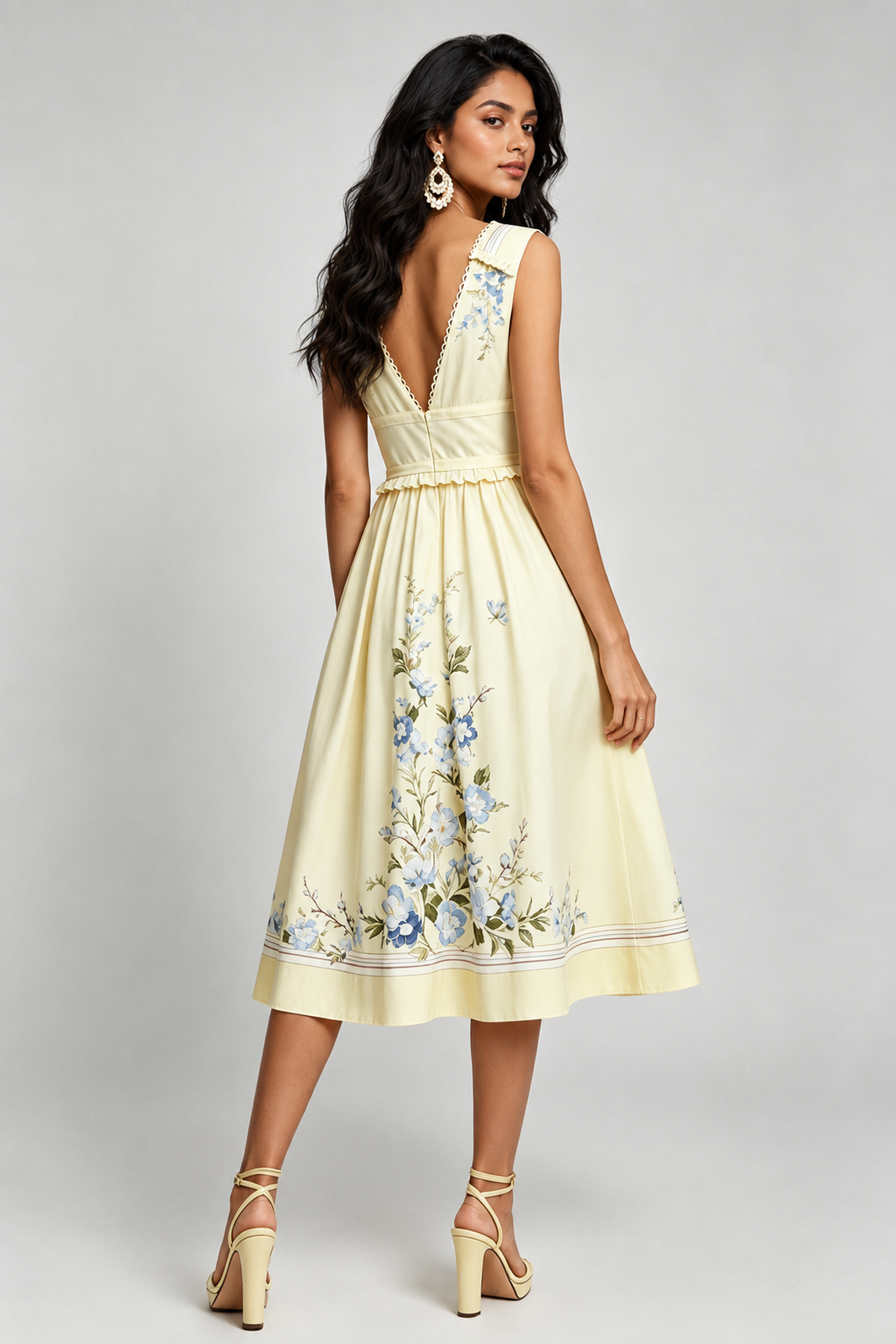 Yellow floral midi dress with waist bands