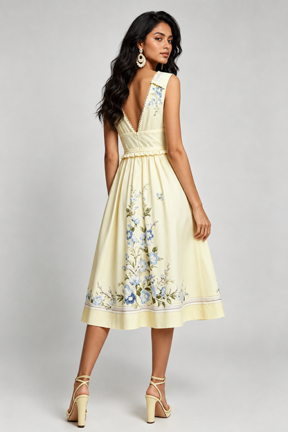 Yellow floral midi dress with waist bands