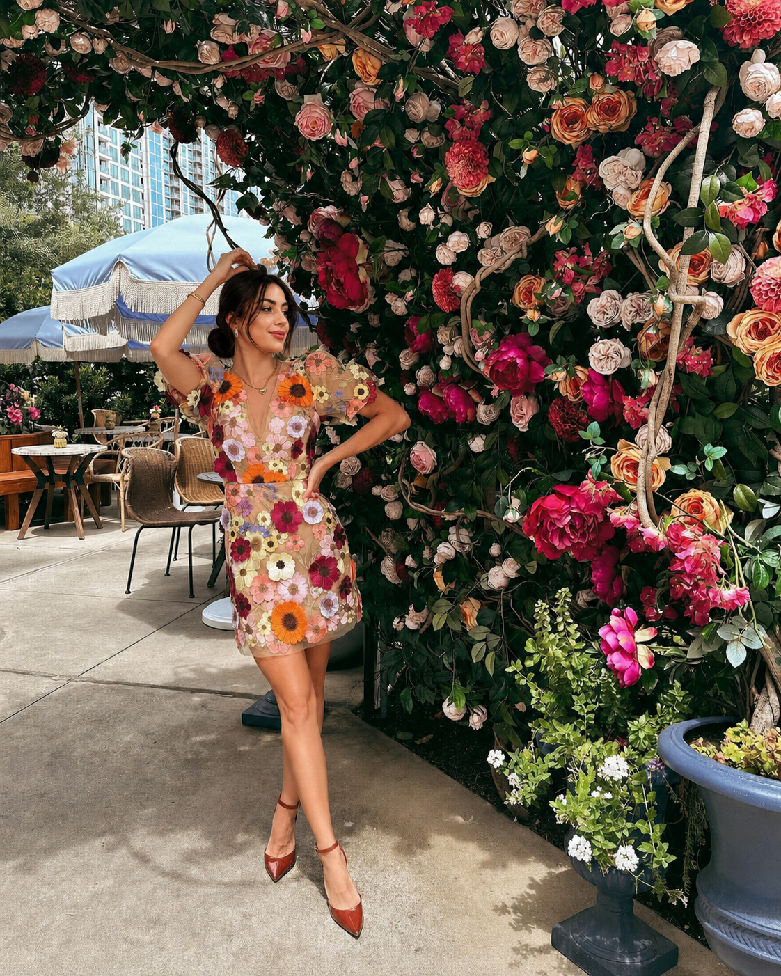 floral mini dress with sheer mesh sleeves