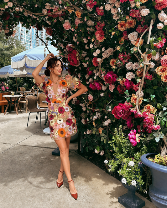 floral mini dress with sheer mesh sleeves