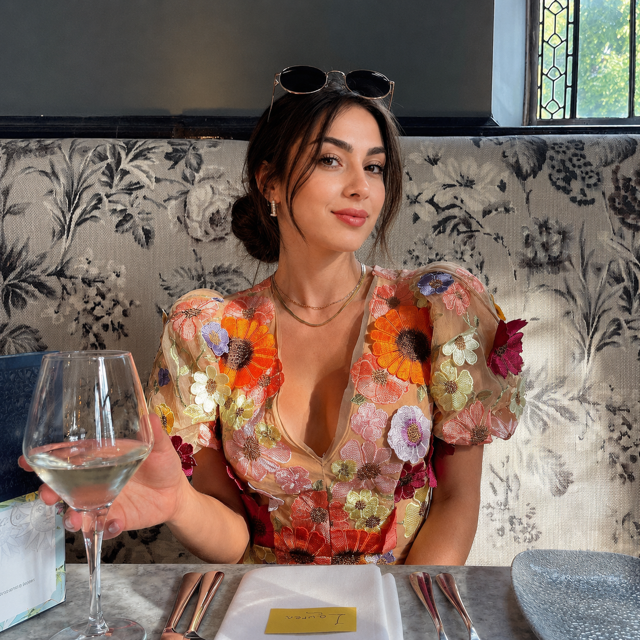 floral mini dress with sheer mesh sleeves