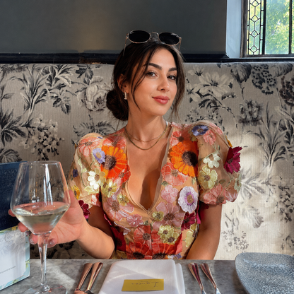 floral mini dress with sheer mesh sleeves
