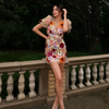 floral mini dress with sheer mesh sleeves