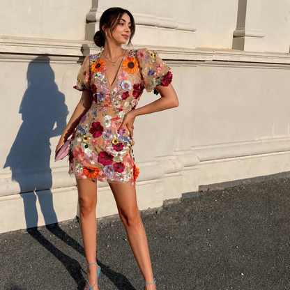 floral mini dress with sheer mesh sleeves
