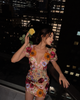 floral mini dress with sheer mesh sleeves