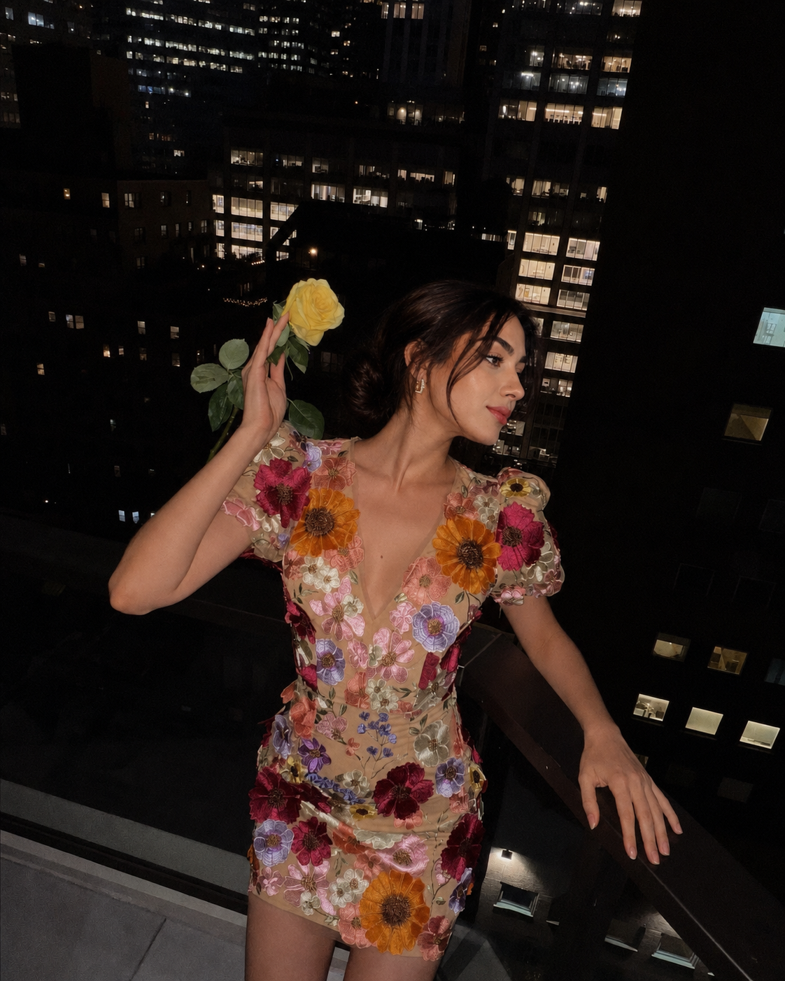 floral mini dress with sheer mesh sleeves