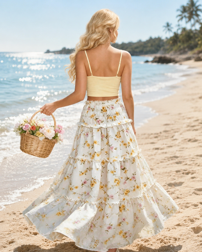 High waist maxi skirt with ruffle floral hem
