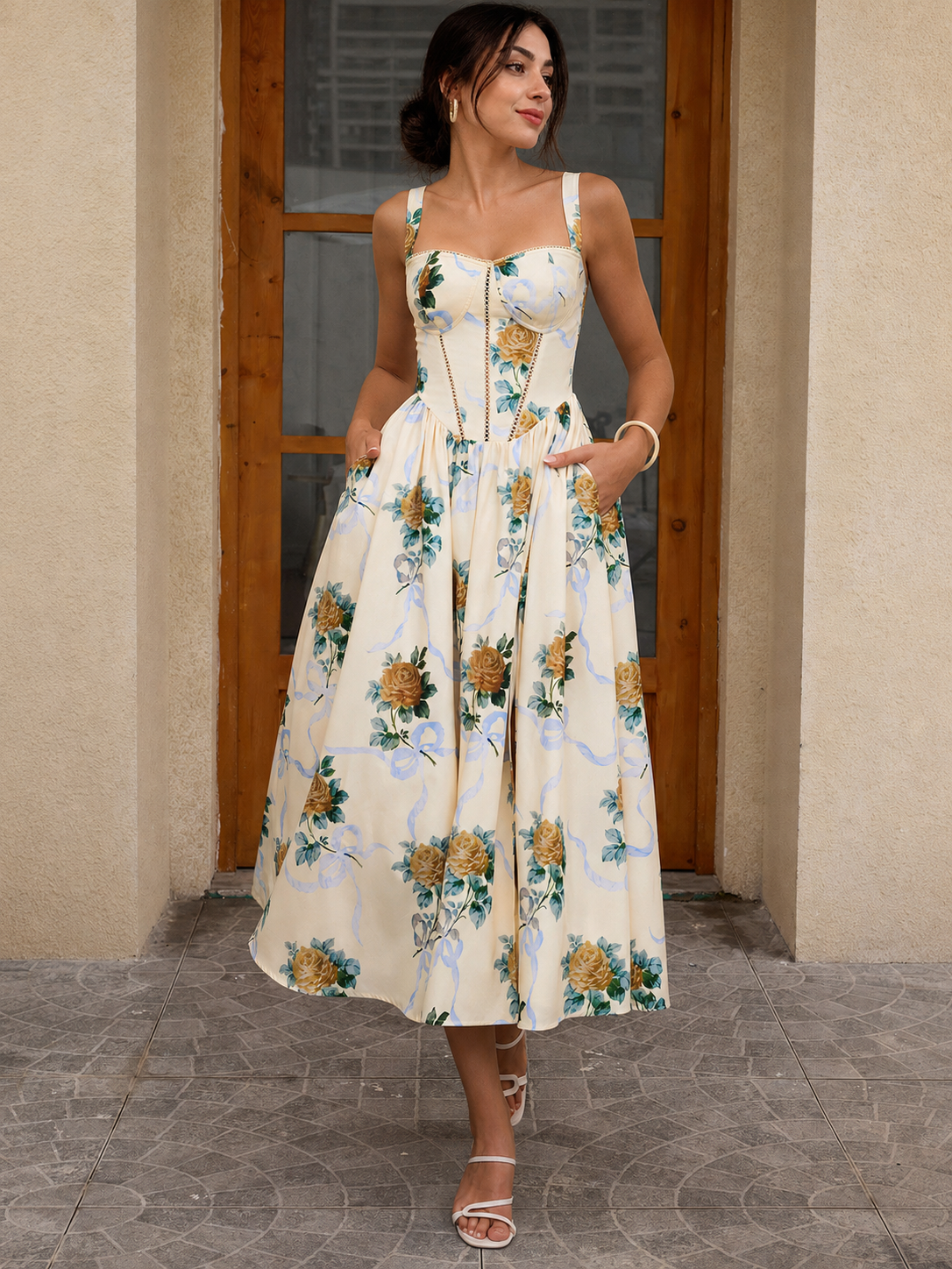 High slit dress with corset rose print