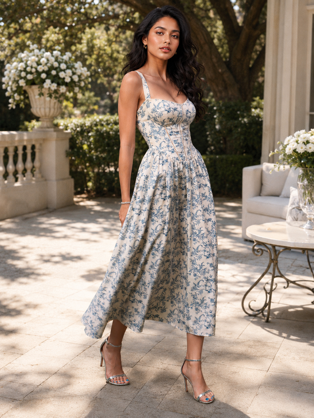 Side slit midi dress in blue toile print