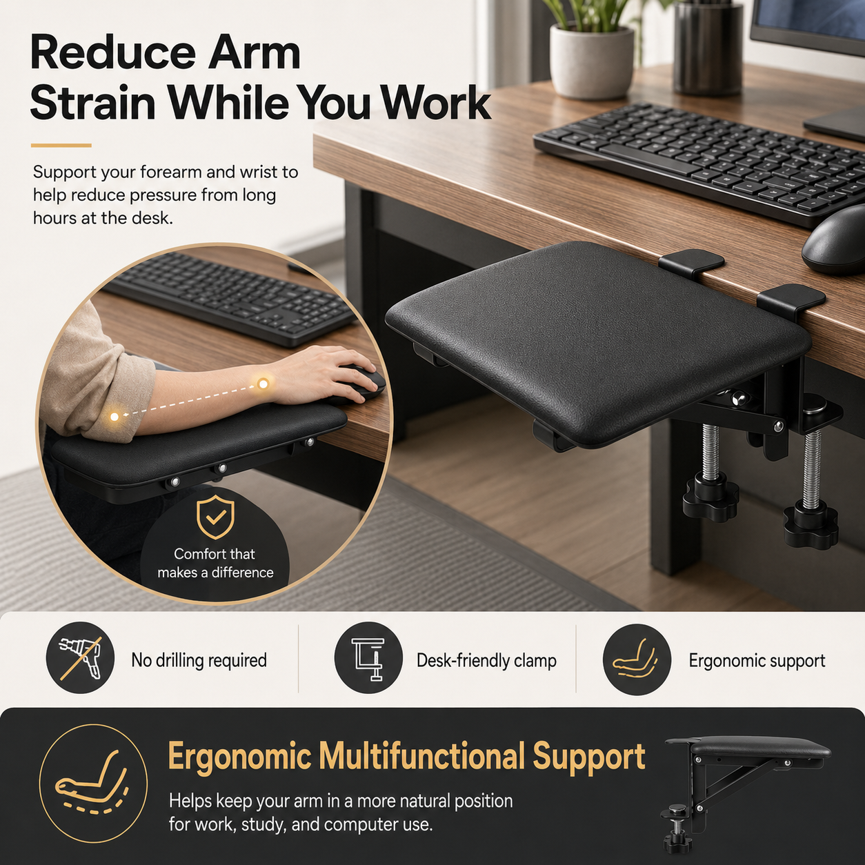 Leather desk arm rest clamp support