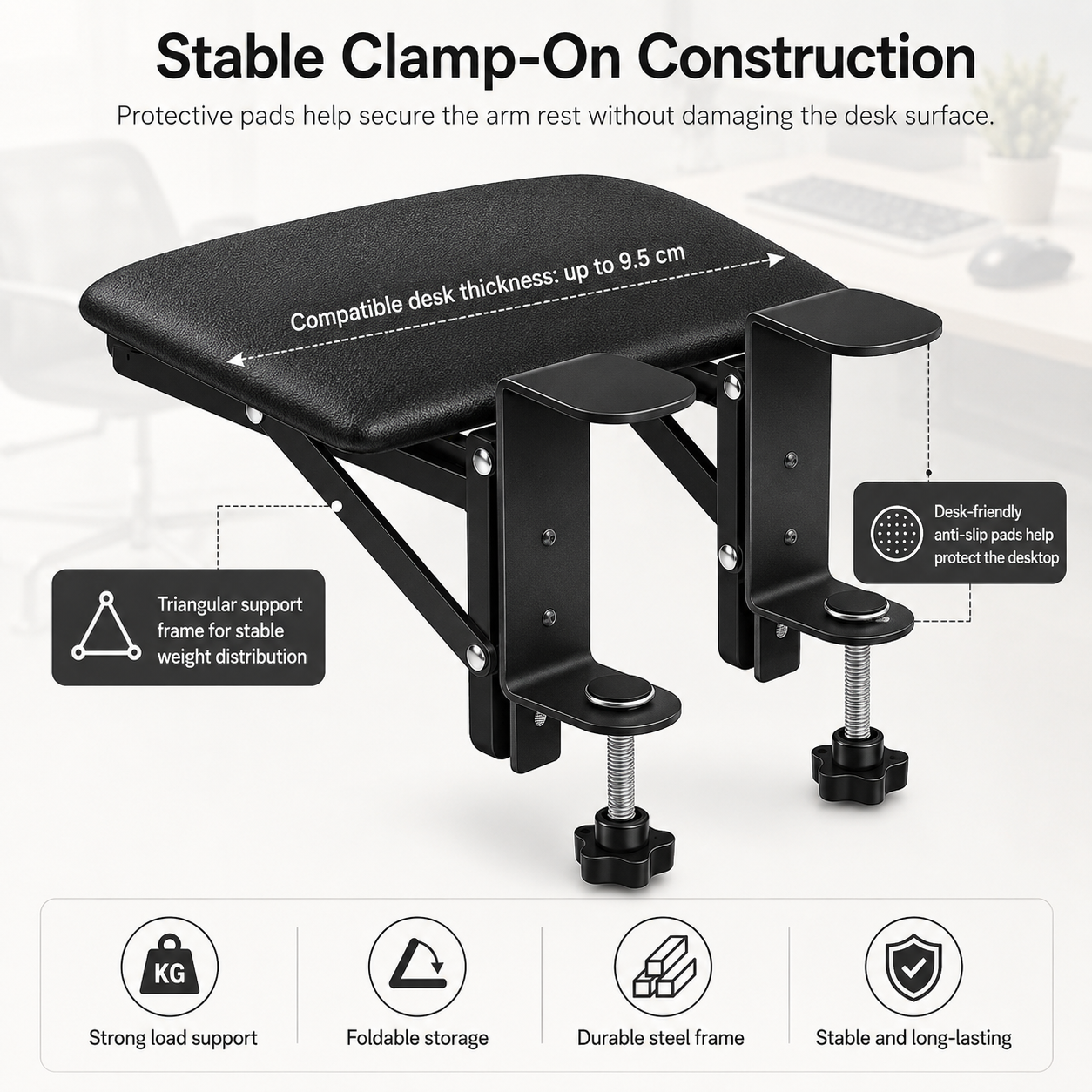 Leather desk arm rest clamp support