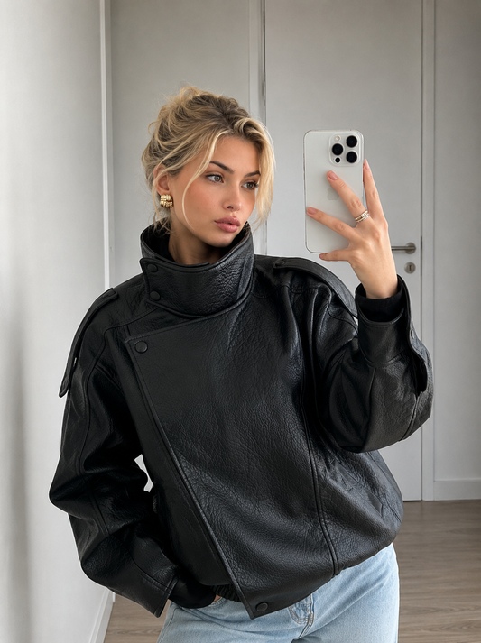 Women oversized leather jacket black