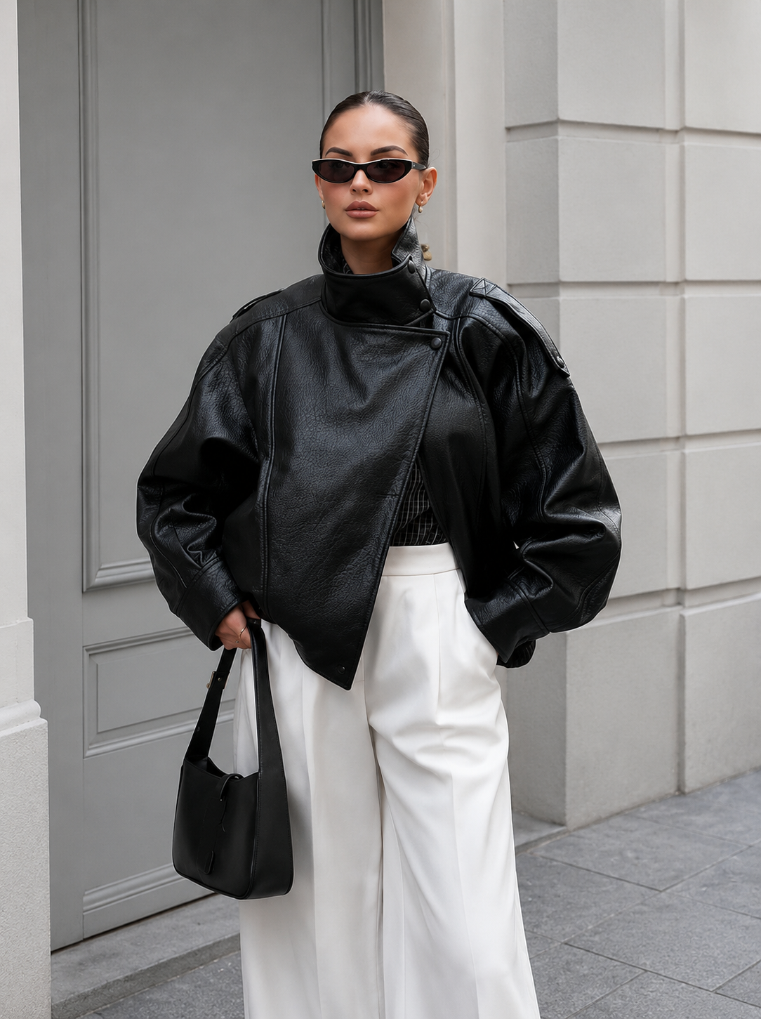 Women oversized leather jacket black