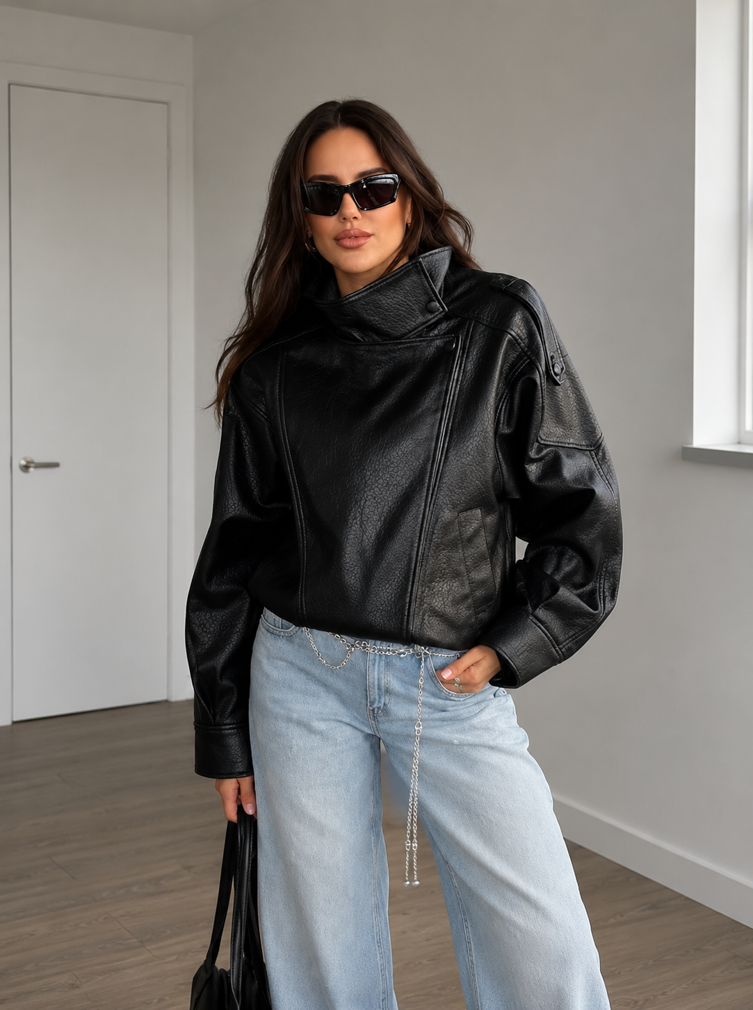 Women oversized leather jacket black