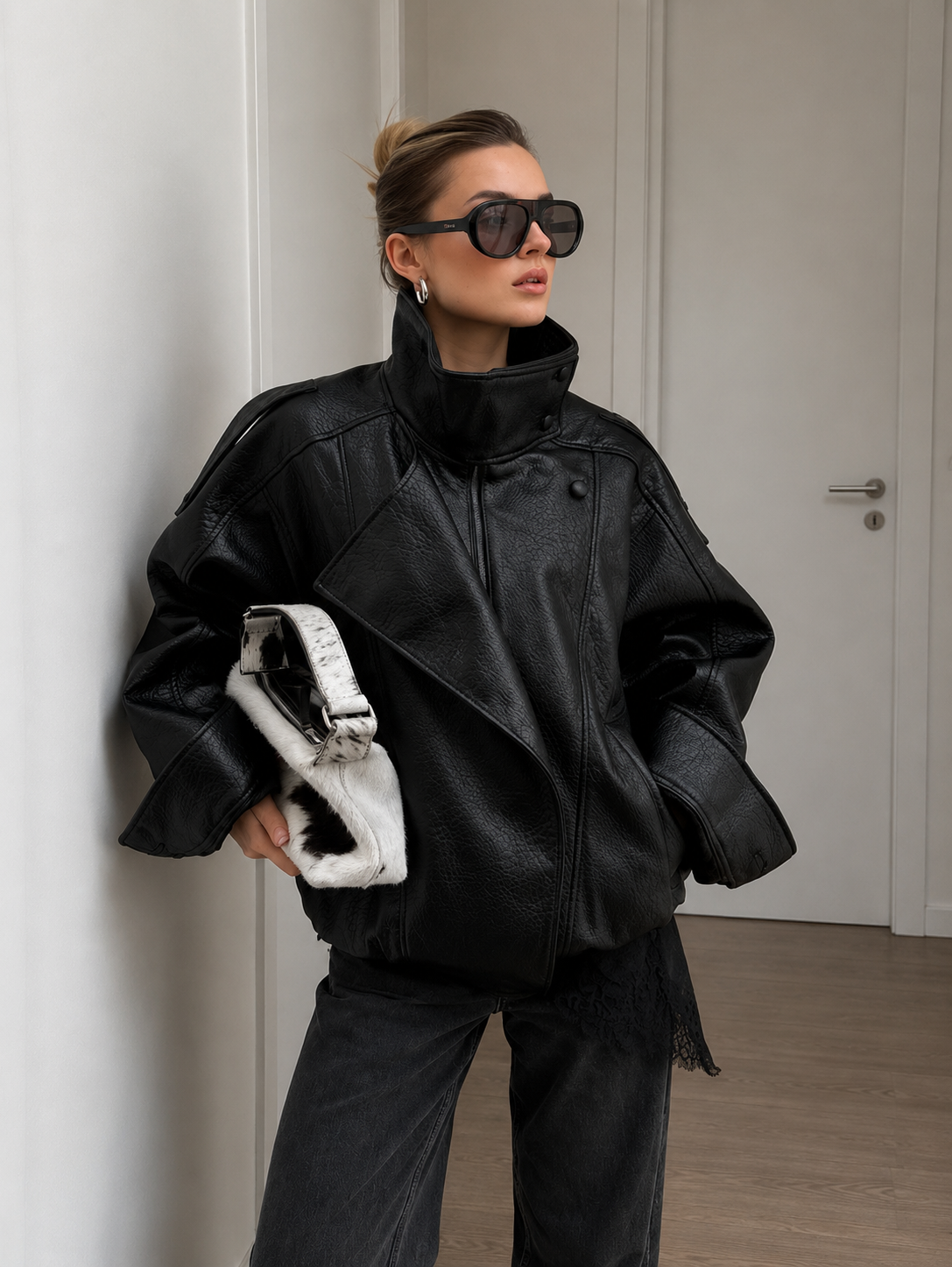 Women oversized leather jacket black
