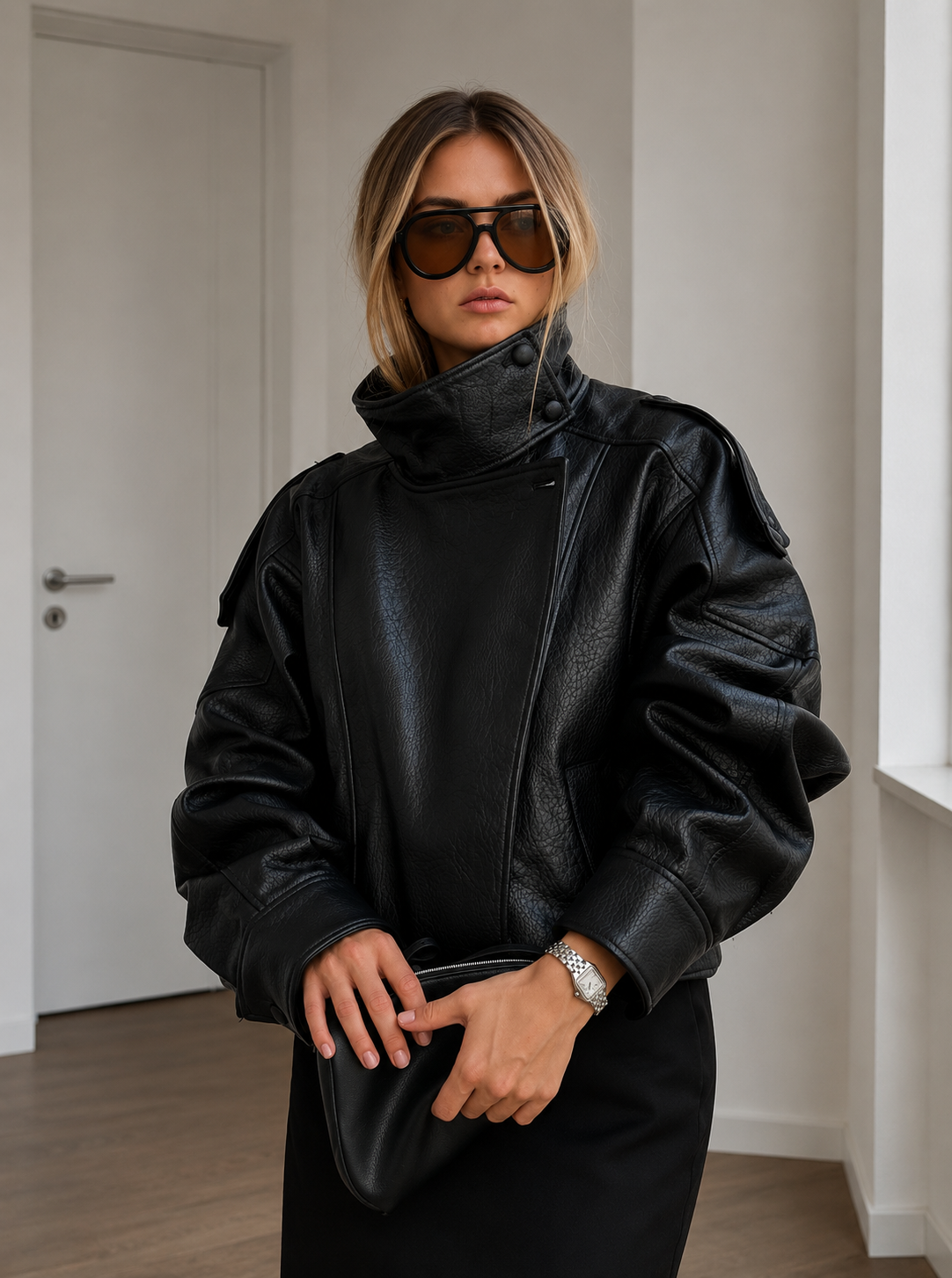 Women oversized leather jacket black