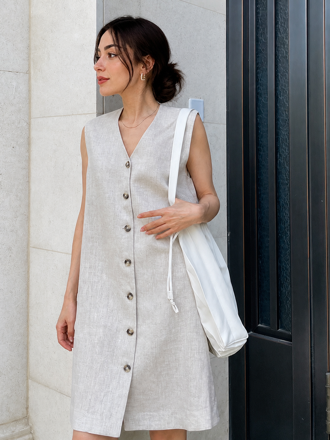 Beige gray linen button mini dress