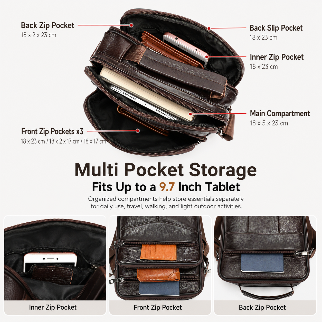 Men’s Genuine Leather Crossbody Bag with Tablet Storage