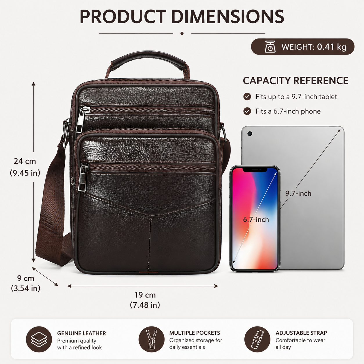 Men’s Genuine Leather Crossbody Bag with Tablet Storage